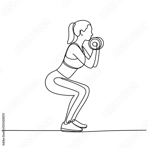 Woman performing a goblet squat with a dumbbell in a continuous line drawing style