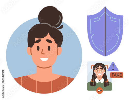 Woman with a profile image, shield representing cybersecurity, and AI technology identifying deepfake content with fake warning. Ideal for identity validation, AI, tech innovation, personal data