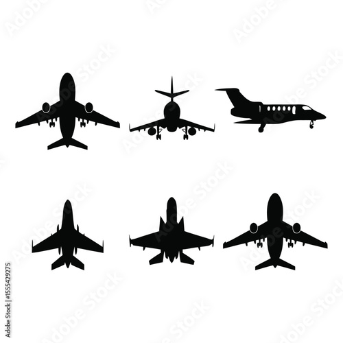 Six black silhouettes of various aircraft, including passenger jets and private planes.