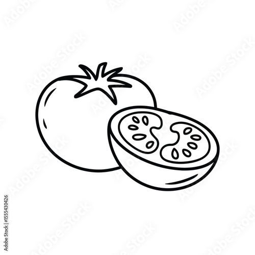 Simple black and white line drawing of a whole tomato and a halved tomato