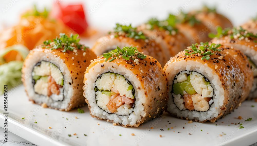 Delicious sushi rolls are beautifully arranged on a white plate, showcasing the fresh ingredients and flavorful toppings with savory garnishes. Delicious sushi rolls are beautifully arranged on a white plate, showcasing the fresh ingredients and flavorful toppings with savory garnishes.