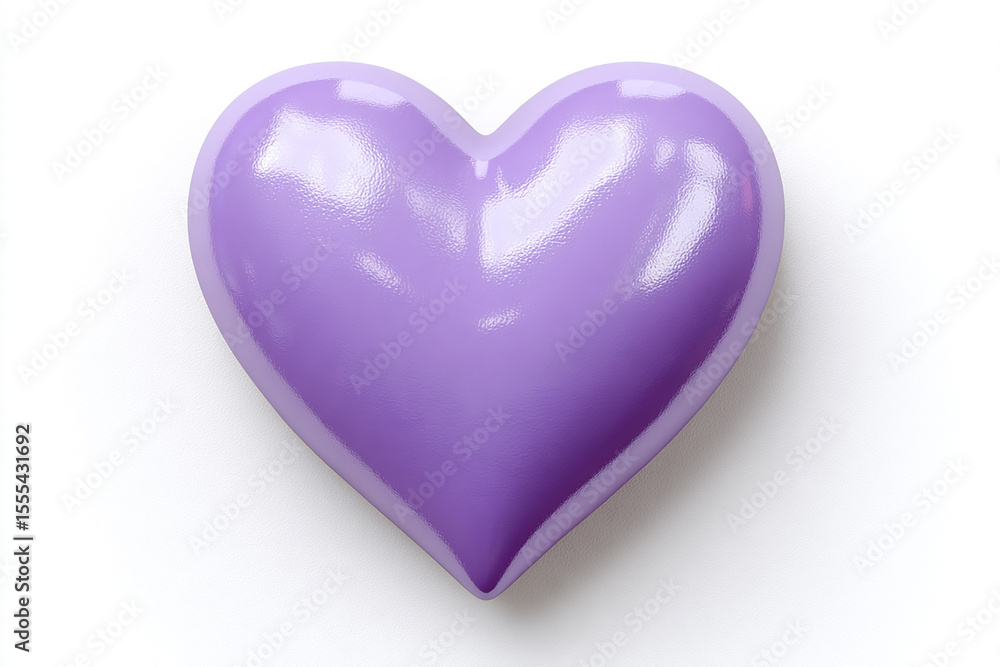 Glossy purple heart-shaped object isolated on white background, symbol of love, charm, and affection in pastel tone Glossy purple heart-shaped object isolated on white background, symbol of love, charm, and affection in pastel tone