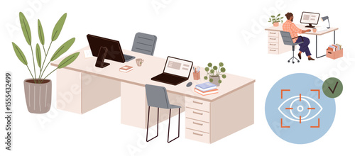 Office desks, laptops, chairs, houseplants, and employee working on computer focus icon. Ideal for business, productivity, workplace setup, technology remote work ergonomics focus analytics