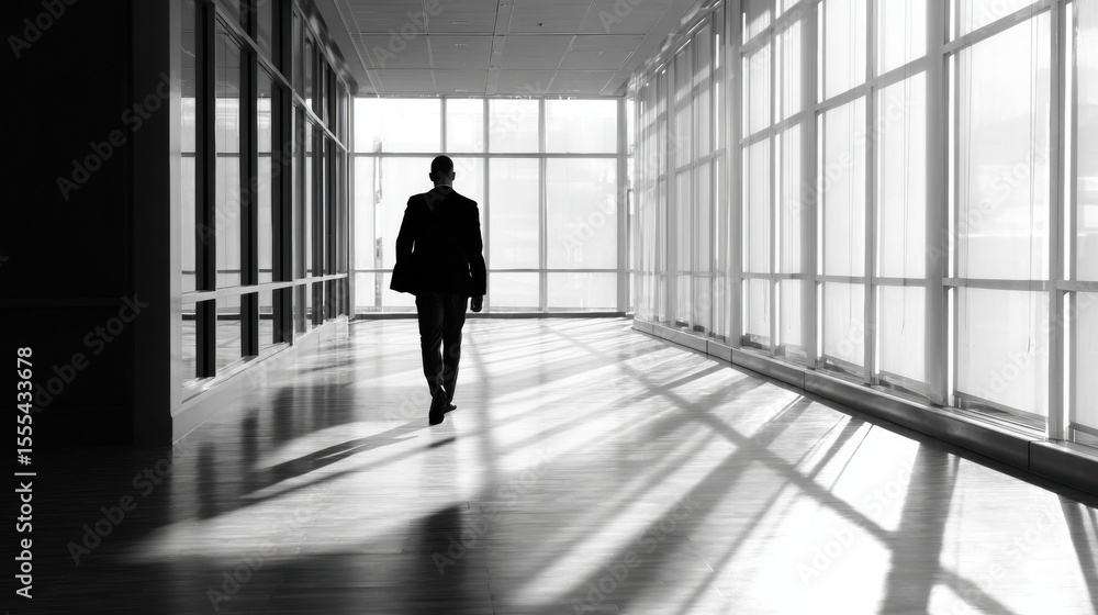 Fototapeta premium Person in suit walks down bright office hallway, casting long shadows