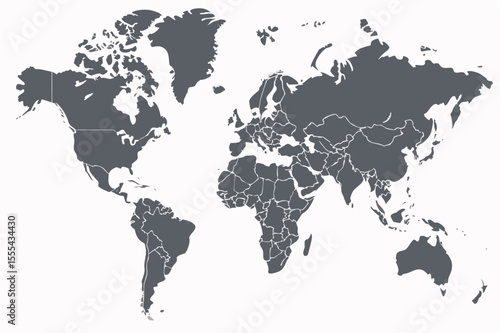 Vector  detailed world map illustration showing continents and country borders in a muted gray color scheme design