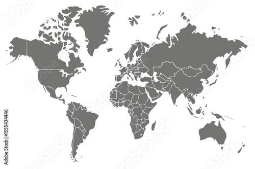 Vector  detailed world map illustration showcasing continents and countries in a muted gray color scheme design