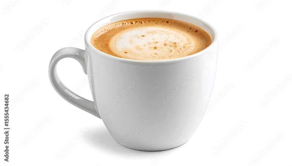 Obraz premium Creamy Latte Coffee in a White Mug with Freshly Brewed, and Isolated on White Background.