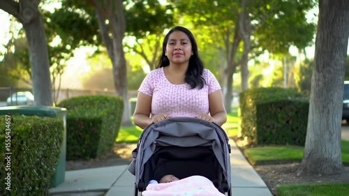 Mother pushing baby stroller on sunny sidewalk daily activity and warm colors