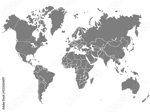 Vector  a gray world map showing continents and country borders against a white background illustration view