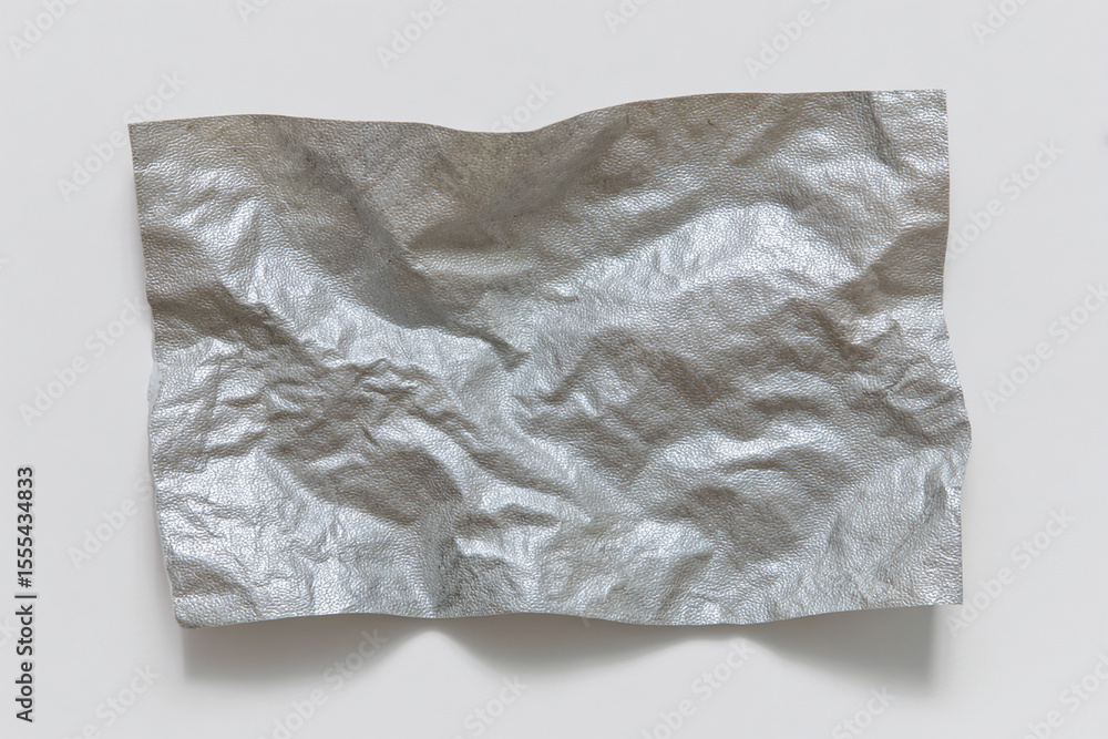 Obraz premium Folded piece of metallic silver fabric with shiny texture isolated on white background, suitable for fashion or design projects