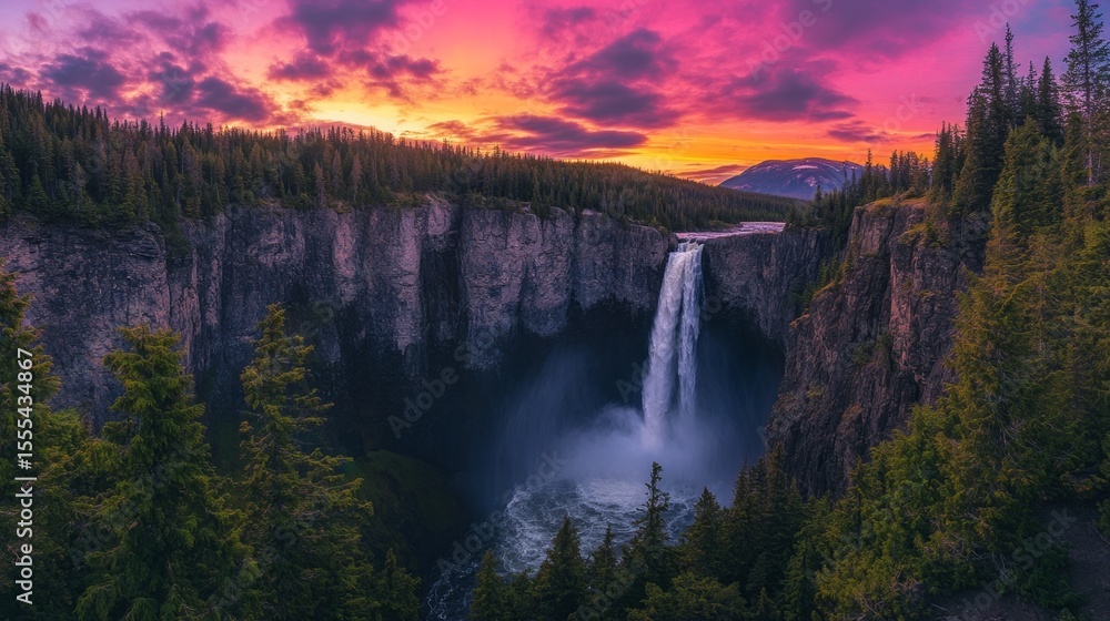 Fototapeta premium Majestic Waterfall Cascading into Canyon at Colorful Sunset