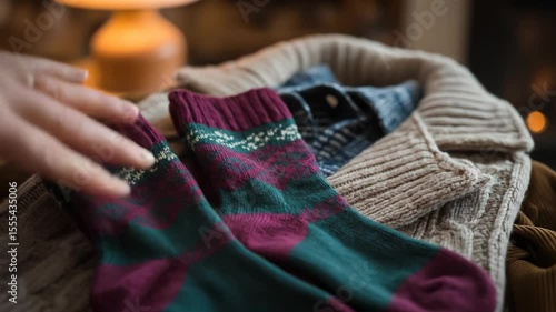 Person organizing socks among knitted clothes near fireplace cozy winter lifestyle scene