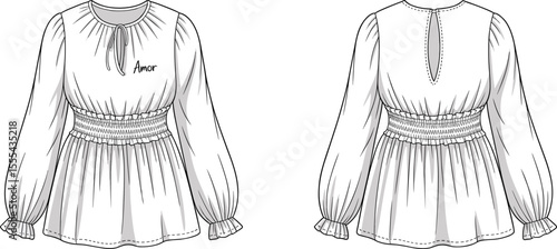 CAD drawing flat vector illustration of women’s peasant blouse with smocked waist, puff sleeves, Amor embroidery, technical sketch design