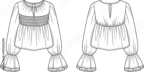 CAD drawing flat vector illustration of women’s smocked blouse with flared sleeves, front and back technical sketch for fashion design