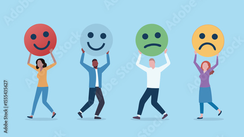 Diverse people holding smiley and sad face icons representing customer satisfaction and emotions