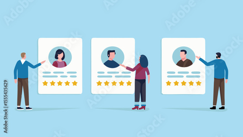 People reviewing candidate profiles with star ratings for hiring decisions