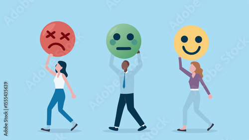 Diverse people holding different emotion face icons representing various feelings