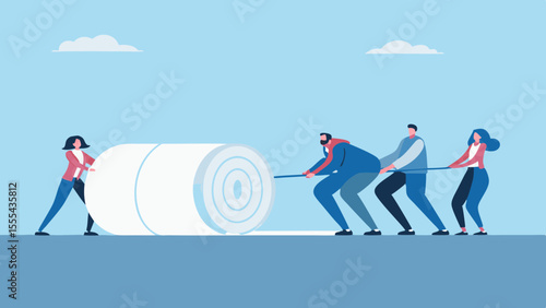 Teamwork and collaboration to move a large roll of material together