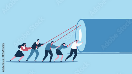 Teamwork and collective effort pushing a large blue cylinder forward together