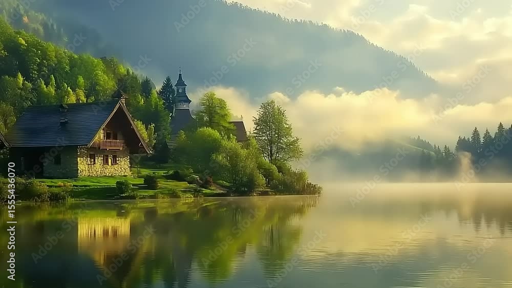Lakeside village in a misty morning. Lakeside village in a misty morning.
