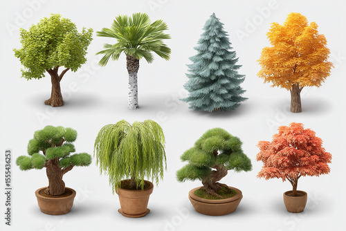 Collection of stylized cartoon trees including bonsai, willow, birch, and maple in various shapes and colors