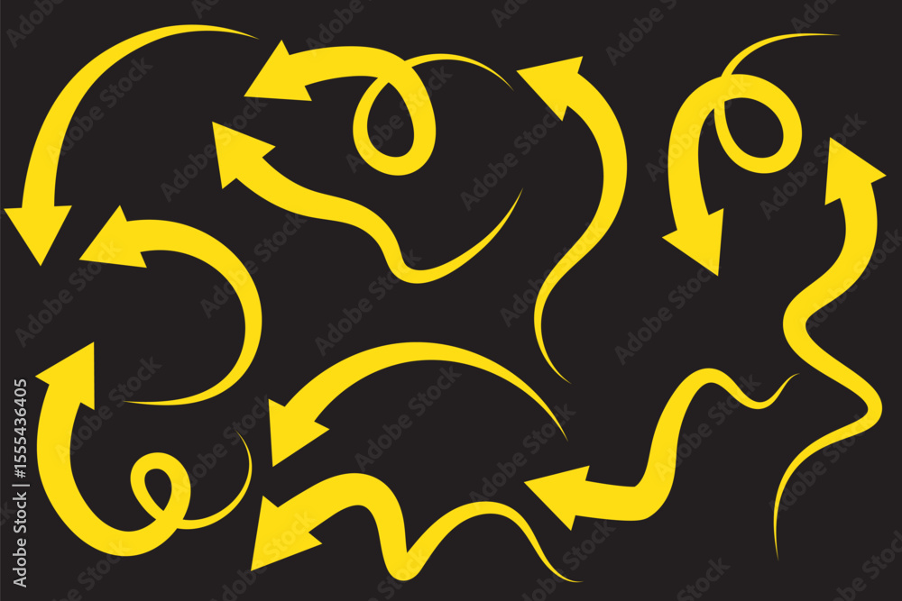 Obraz premium Set of curved arrows isolated on white background. Curved arrows, hand drawn curved arrows. Collection of pointers. Vector illustration. long curve arrow icon vector set illustration. black arrow.