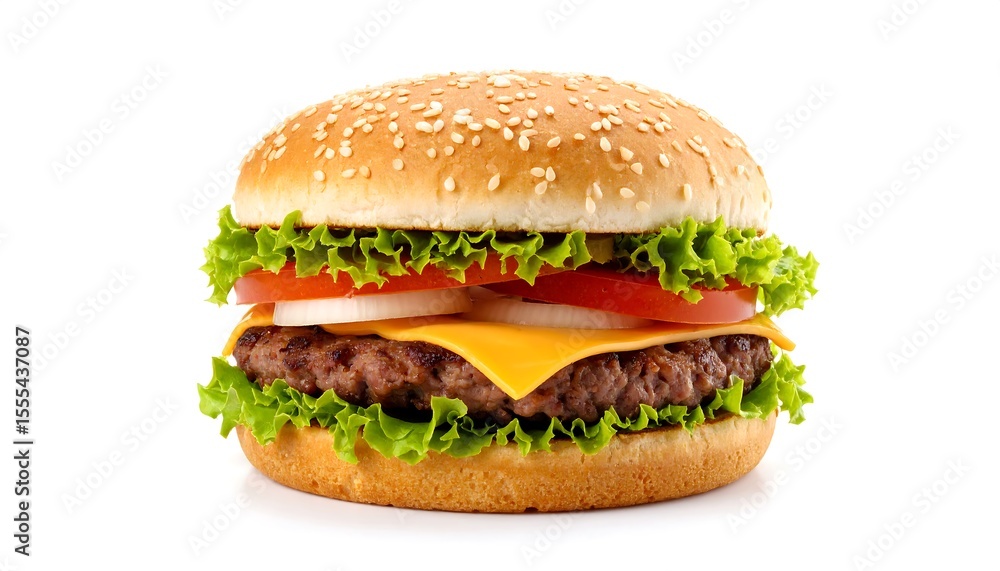 Delicious gourmet burger with cheese with tomatoes, lettuce, and onion and sesame bun on white background. Delicious gourmet burger with cheese with tomatoes, lettuce, and onion and sesame bun on white background.