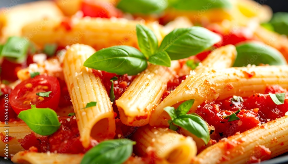 Delicious Penne Pasta with Fresh Tomatoes with Basil, and and Parmesan Italian Cuisine. Delicious Penne Pasta with Fresh Tomatoes with Basil, and and Parmesan Italian Cuisine.