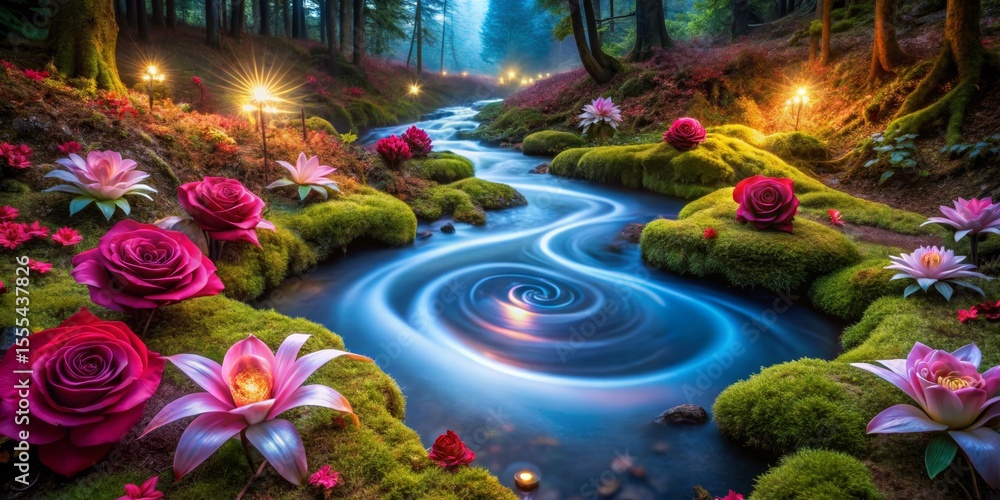 Fototapeta premium Enchanted Stream with Flowers in a Mystical Forest