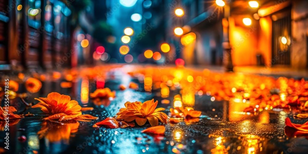 Obraz premium Orange Flowers on Wet City Street at Night