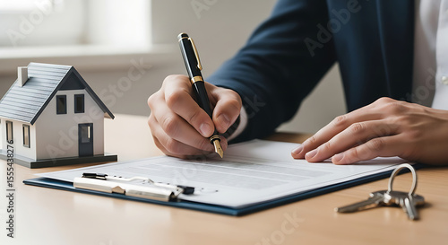 Images depicting the key stages of the real estate process. From architects planning a new house, to signing the final mortgage contract, to a realtor handing over the keys to happy new homeowners. Id