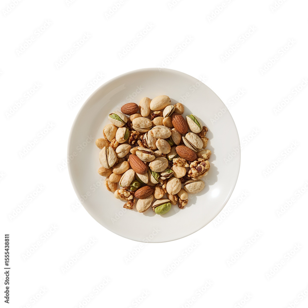 Assorted nuts are beautifully displayed on a white plate, creating a nutritious and appetizing snack option for healthy eating, transparent background Assorted nuts are beautifully displayed on a white plate, creating a nutritious and appetizing snack option for healthy eating, transparent background