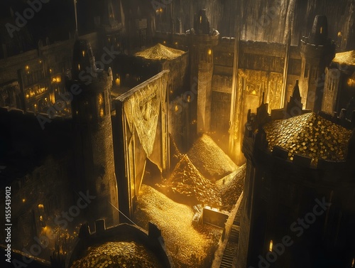 golden city, night, warm glow, intricate architecture, abundant treasure