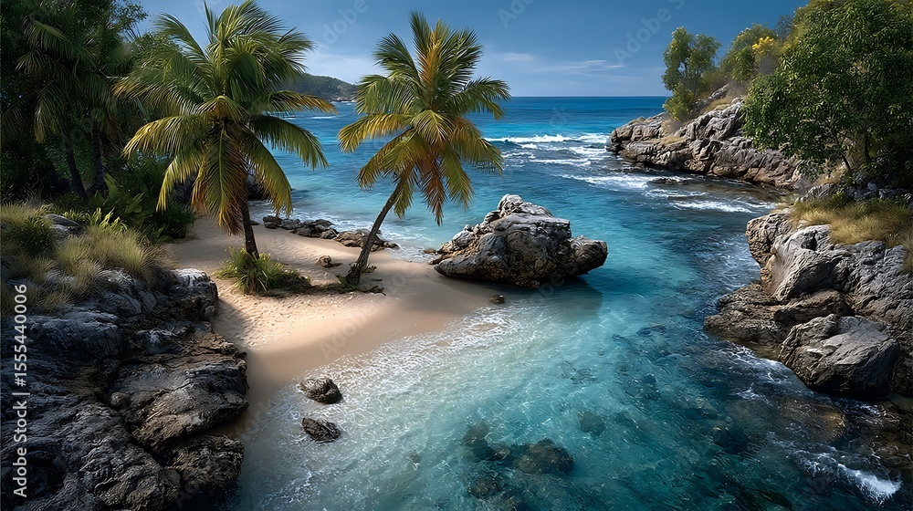 Obraz premium A crystal-clear turquoise ocean gently lapping against a white sandy beach lined with lush palm trees. 