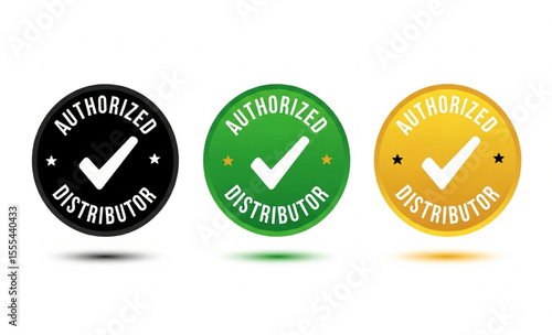 Authorized distributor stamp icons, black, green, and yellow approved badges on white