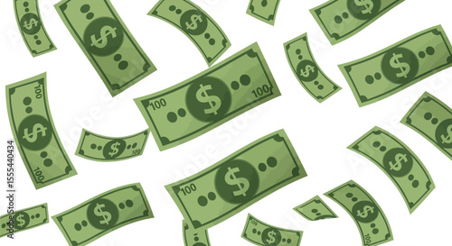 Illustration of falling green dollar bills with dollar sign and the number one hundred on a white background