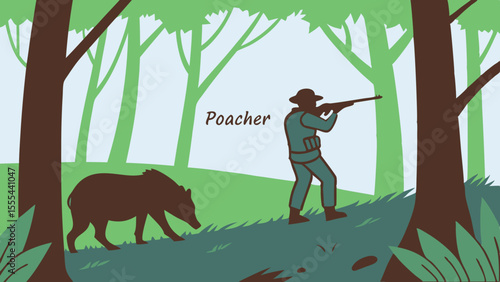 Poacher aiming at endangered animal in forest, surrounded by trees and foliage, highlighting the urgent need for wildlife protection and conservation efforts in nature