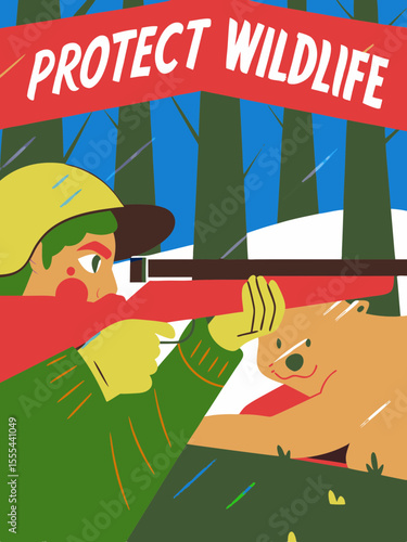 Poacher aiming rifle at endangered animal in forest setting, vibrant colors and red warning overlay emphasizing the message to protect wildlife and preserve nature