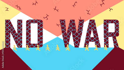Red NO WAR typography breaking apart with silhouettes of fleeing people, conveying a powerful message about conflict and the urgency for peace in a visually striking illustration