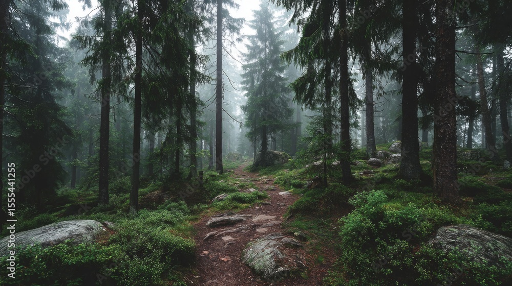 Fototapeta premium Moody Forest Path with Fog and Lush Green Vegetation