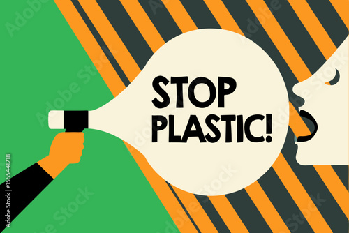 Eco activist with megaphone passionately shouting Stop Plastic! in vibrant flat illustration style, featuring bold colors and minimal background, emphasizing environmental awareness and urgency
