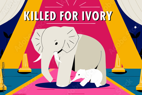 Elephant mother stands protectively over her calf in a stylized dramatic scene, conveying the tragic message of being killed for ivory in a vibrant artistic representation