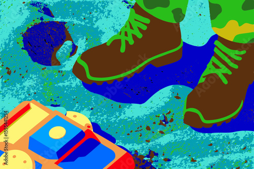Broken child toy lies in dust, shadow of military boot nearby, symbolizing the impact of war on innocence and childhood, evoking strong emotional anti-war message