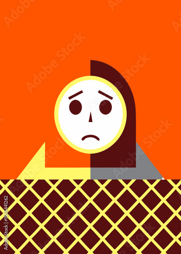 Refugee woman with hopeless expression in flat illustration style, featuring vibrant colors and geometric shapes, conveying deep emotions and resilience in challenging circumstances
