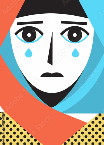 Refugee woman with hopeless eyes in flat graphic style, featuring vibrant colors and geometric shapes, conveying deep emotion and resilience in a powerful illustration