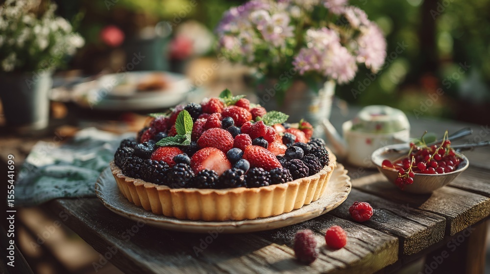 Rustic Berry Tart on Wooden Table Outdoors Rustic Berry Tart on Wooden Table Outdoors