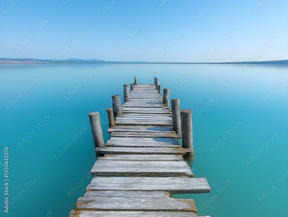 Fototapeta premium wooden pier on turquoise lake, calm water, reflections, sunny day, tranquil scene