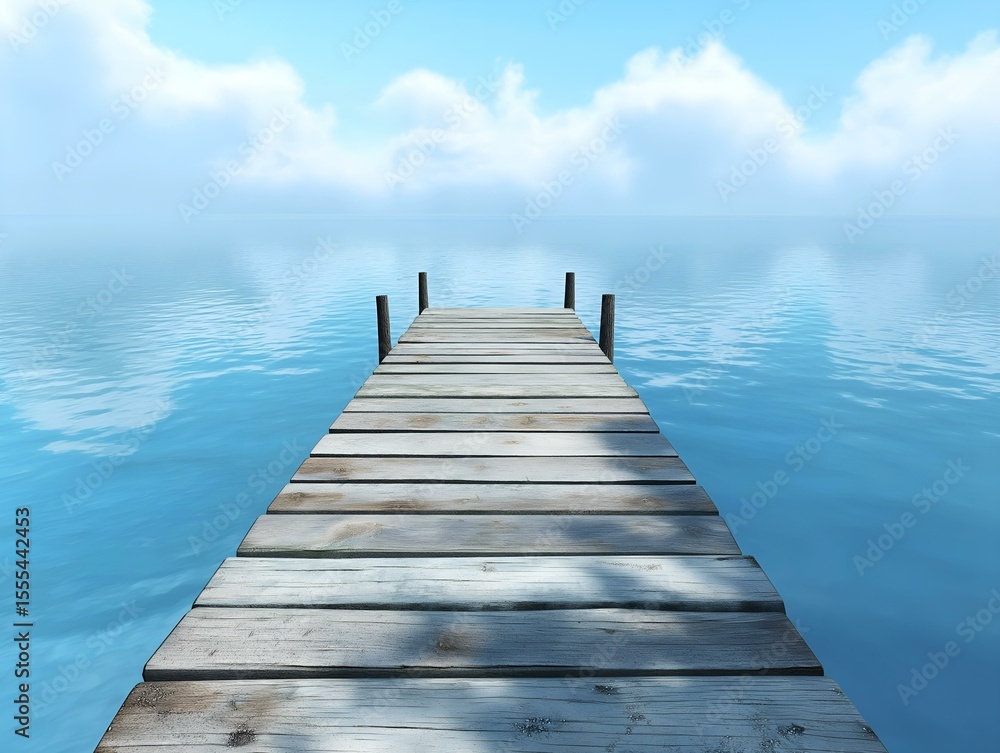 Naklejka premium wooden pier on a lake, calm water, reflections, mountains, tranquil scene