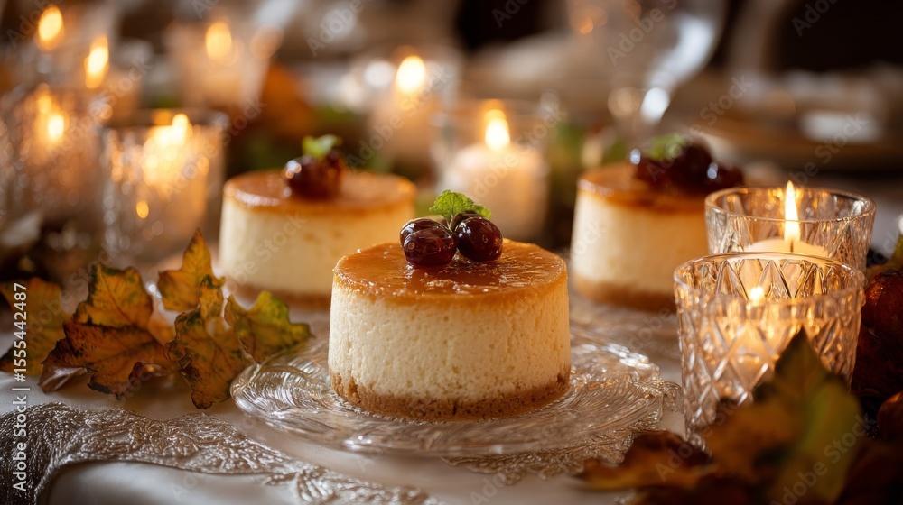 Mini Cheesecakes with Caramel Topping on Autumn Table Setting Mini Cheesecakes with Caramel Topping on Autumn Table Setting
