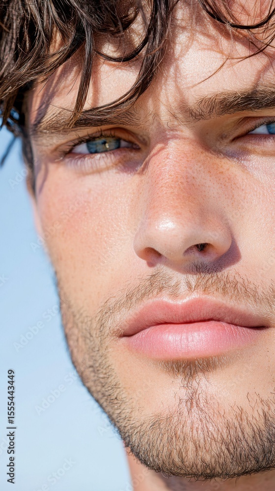 Obraz premium Close-up of a man with textured hair and light stubble, showing natural skin with minor imperfections, soft diffused lighting highlights raw masculine beauty and realistic textures.